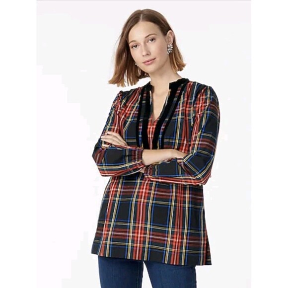 J Crew Velvet-Trimmed V-Veck Tunic Black Stewart Tartan Plaid Size Large - Picture 1 of 13